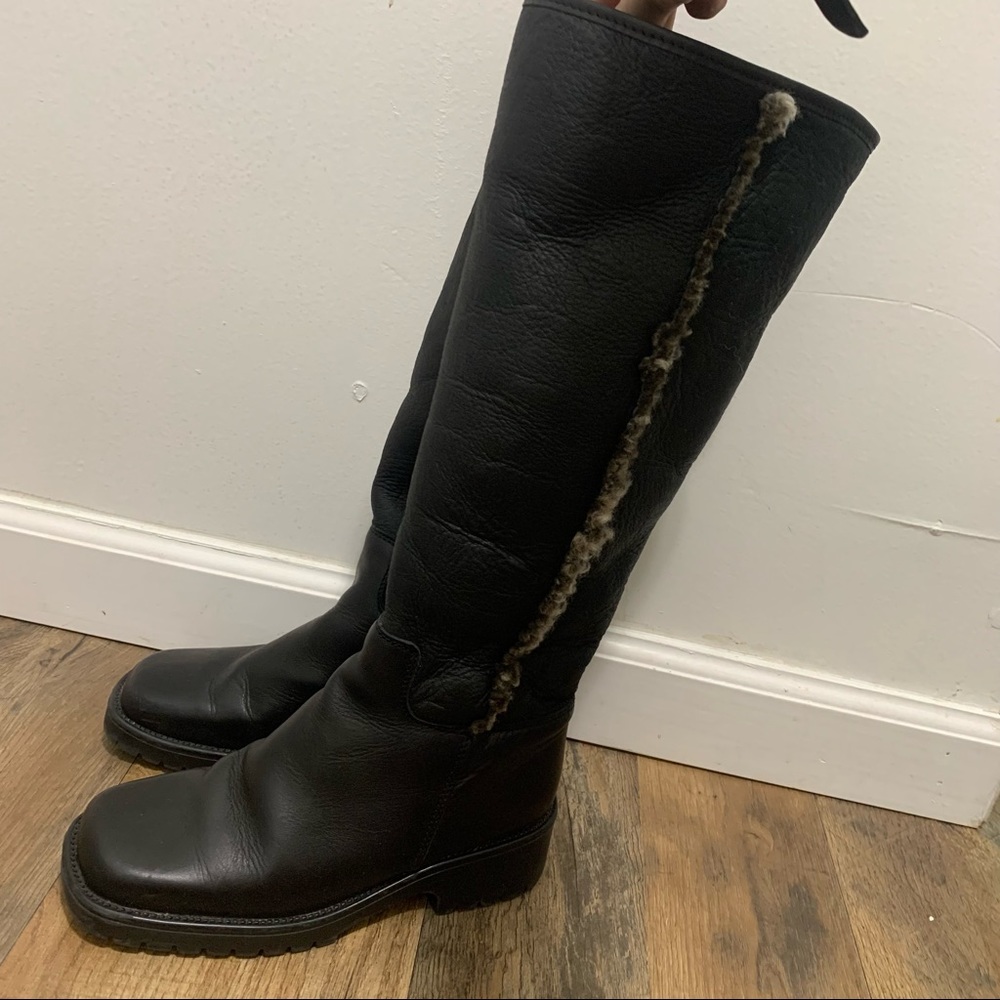 LL Bean Leather Shearling Lined Black Knee High Square Toe Winter Boots size 7.5